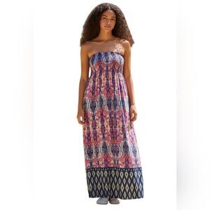 Strapless Maxi Dress Colorful IKAT print Sundress Smocked Babydoll A-line 15/17